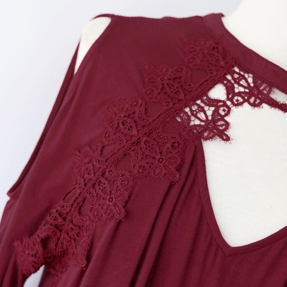 Burgundy Wine Lace Cutout Cold Shoulder Soft Top - Picture 5 of 8